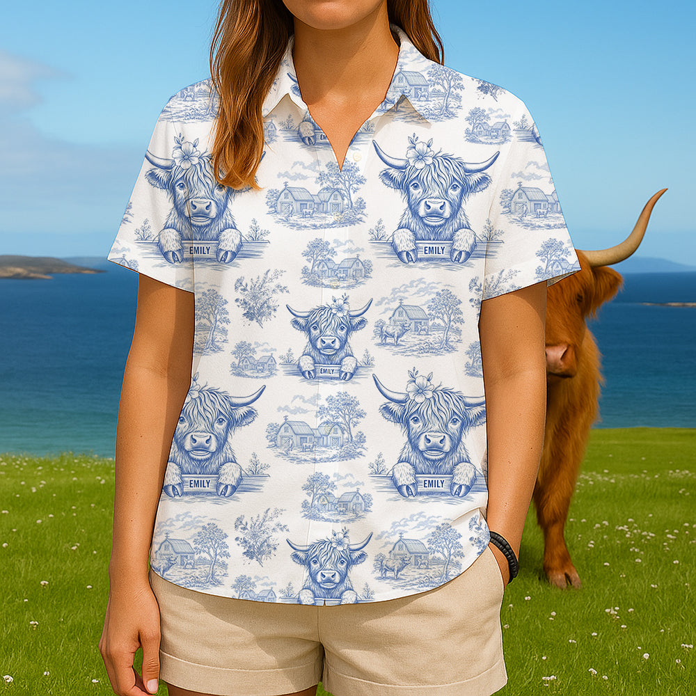 Personalized Gifts For Highland Cow Lovers Hawaiian Shirt, Vintage Blue Toile Pattern 03QHDT110625-Homacus