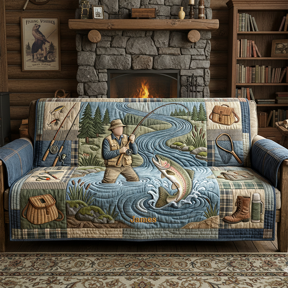 Hooked On Fishing Quilted Sofa Cover - Personalized Gifts For Fishing Lovers 03PATA260126-Homacus