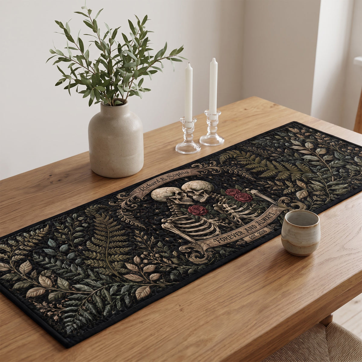Eternal Love Skeleton Couple Quilted Table Runner - Personalized Gifts For Couples 01naqn180826