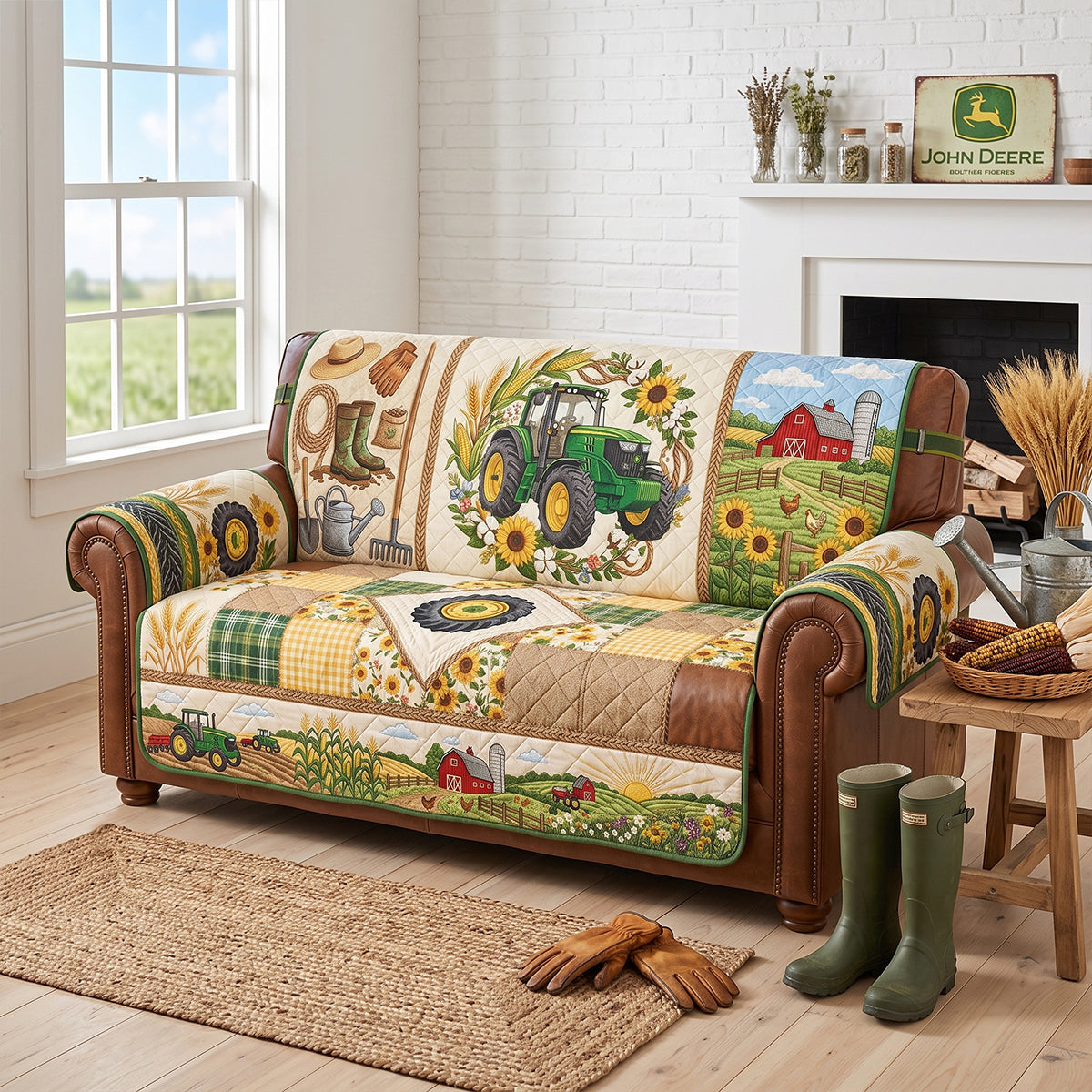 Green Farm Tractor Quilted Sofa Cover - Personalized Gifts For Tractor Lovers 05pgtn260626-Homacus