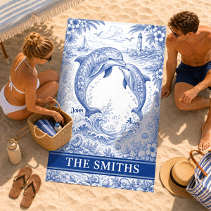 Symphonic Dolphin Family Toile De Jouy Beach Towel, Personalized Gifts For Families 01qhdh210726-Homacus