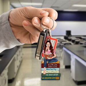 Personalized Gifts For Book Lovers Keychain Reading Girl With Custom Book Titles-Homacus