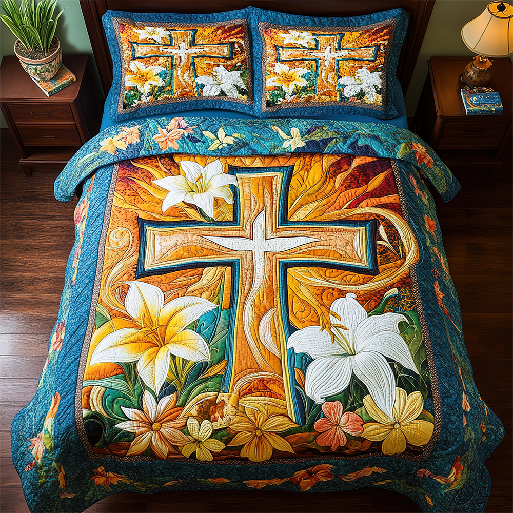 Gifts For Christian Quilt Bedding Set Special Line, Cross And Lilies 04tgpu050225-Homacus