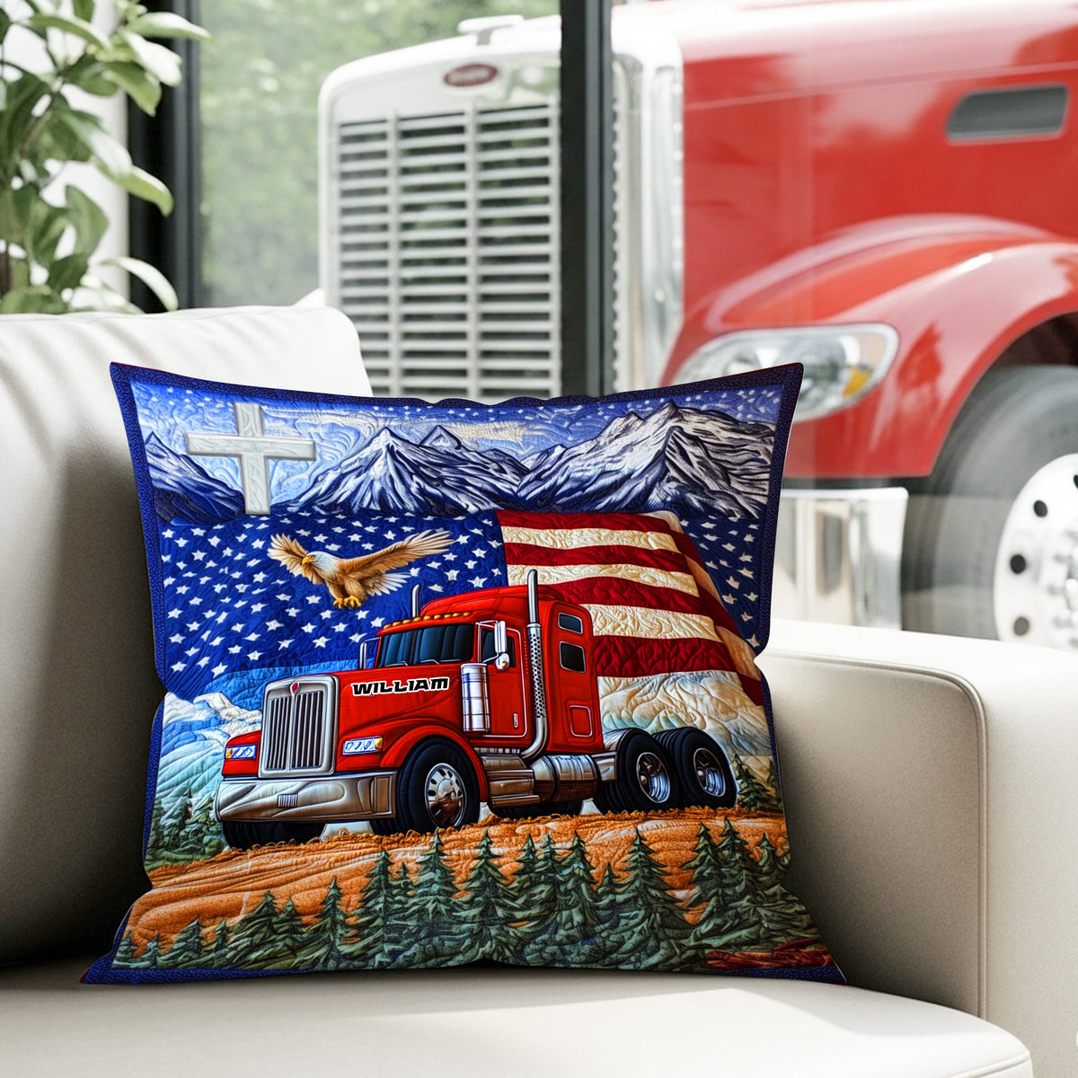 Trucker’s Pride Patriotic Square Pillow - Personalized Gifts For Truck Lovers 03TGLU270625-Homacus