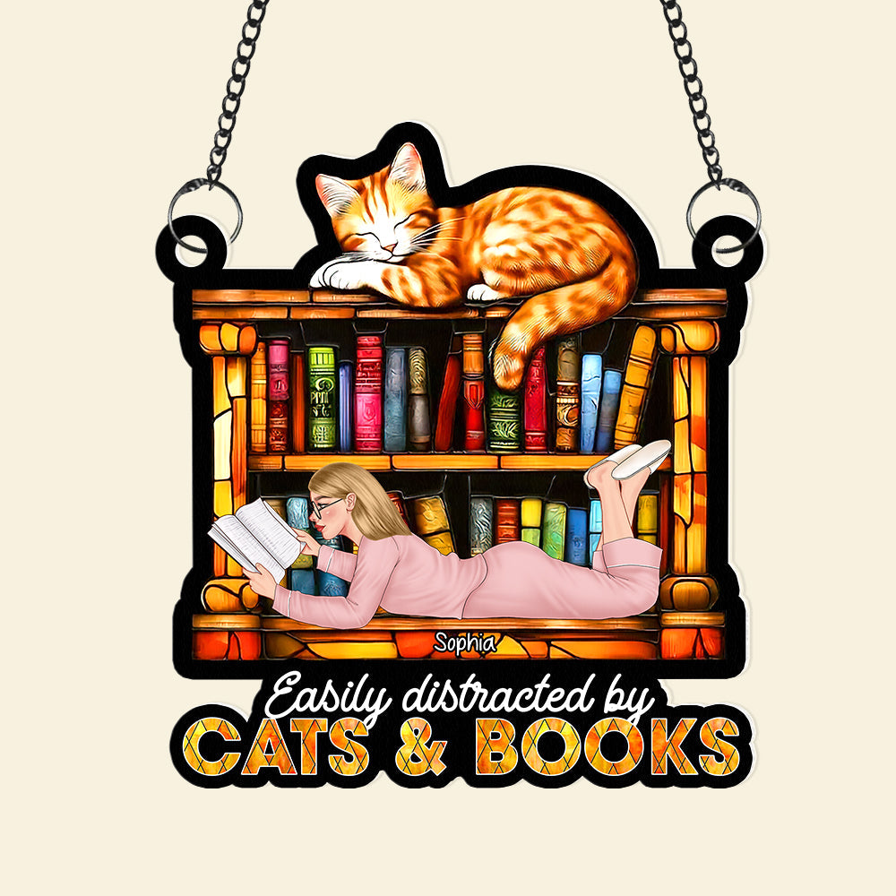 Personalized Gifts For Book Lovers Suncatcher Ornament 02xqqn030125tm Easily Distracted By Cats And Books-Homacus