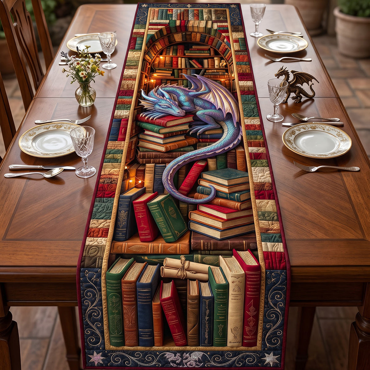Mystical Dragon Library Quilted Table Runner - Personalized Gifts For Book Lovers 01huta130826