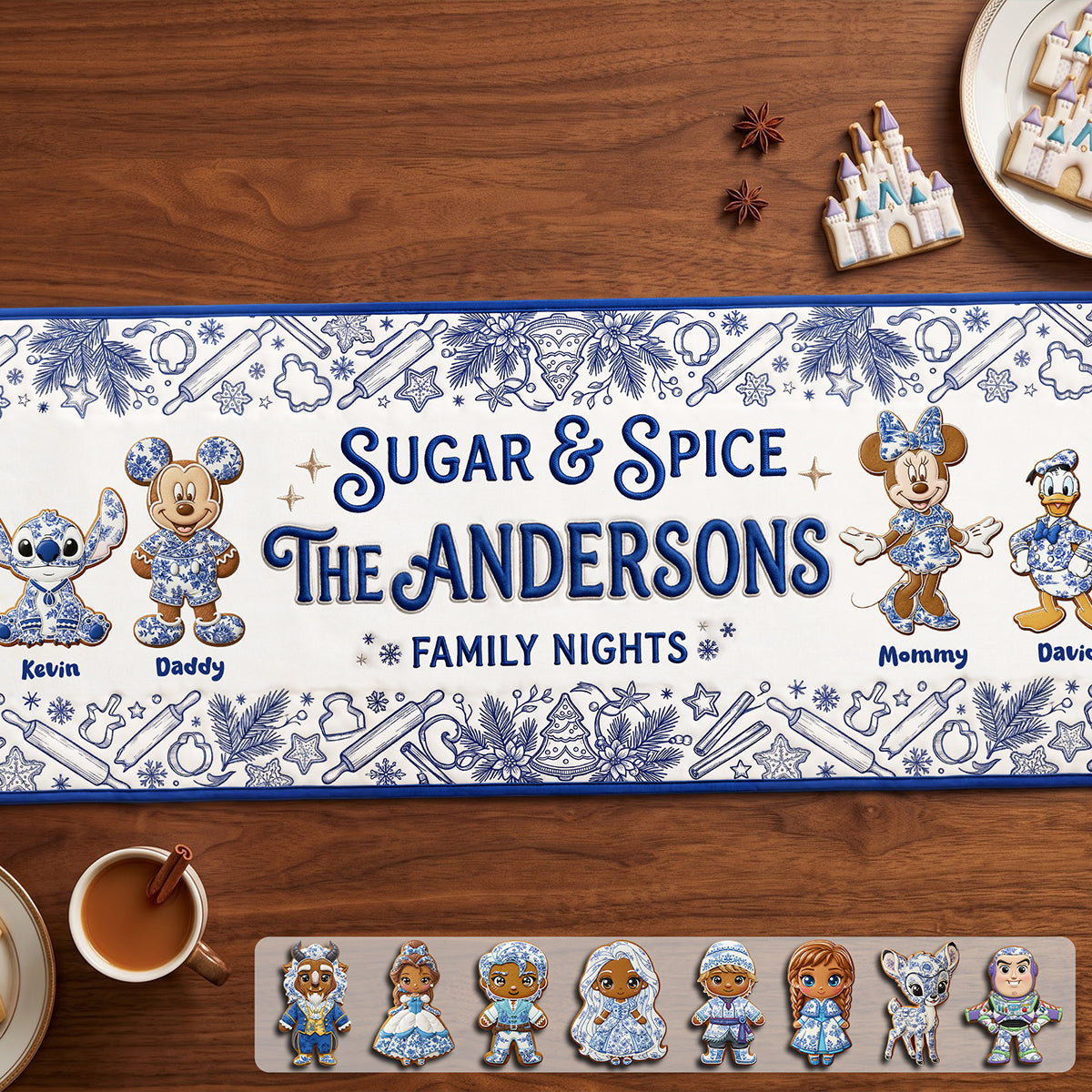 Family Gingerbread Toile de Jouy Blue Floral Quilted Table Runner - Personalized Gifts For Family 04pgta260826