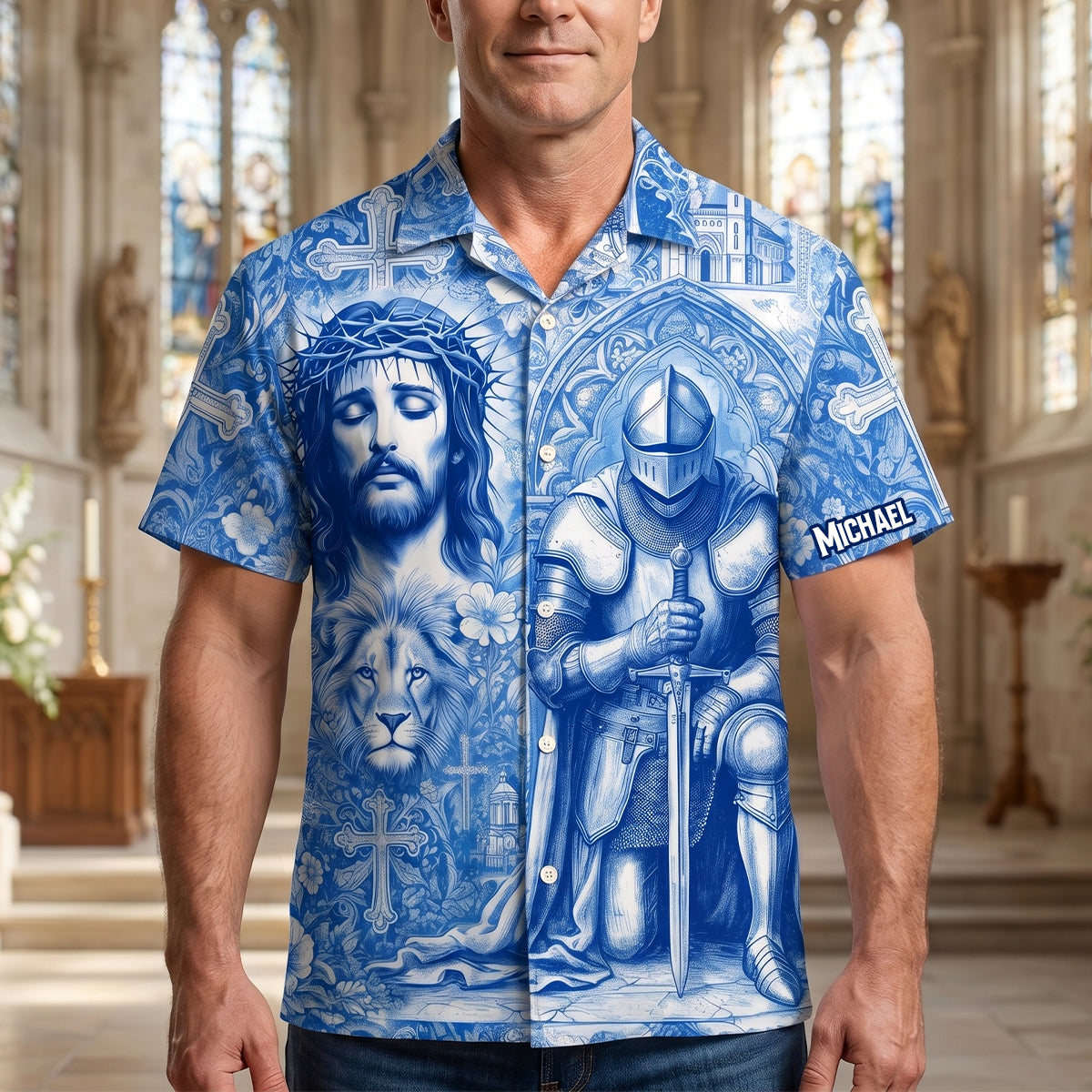 Kneeling Knight Toile de Jouy Hawaiian Shirt - Personalized Gifts For Christian Hawaiian Shirt 01HUDH170626-Homacus