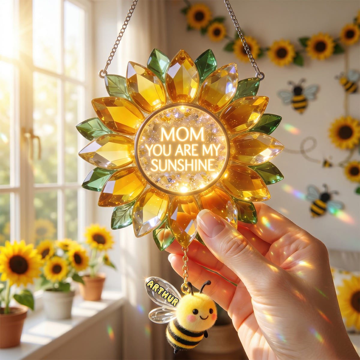 Sunflower Bee Suncatcher - Personalized Gifts For Mom 01TYDH170426-Homacus