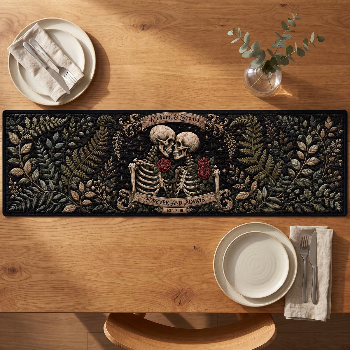 Eternal Love Skeleton Couple Quilted Table Runner - Personalized Gifts For Couples 01naqn180826