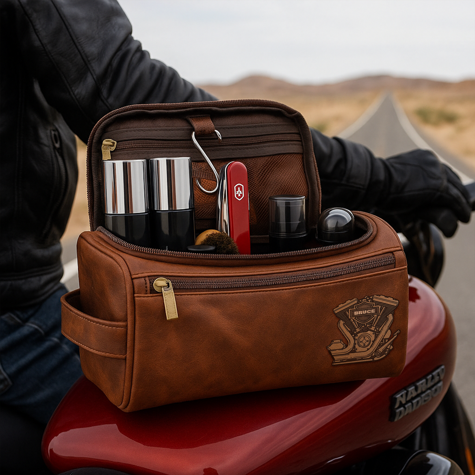 Motorcycle Mechanical Men Leather Toiletry Bag, Personalized Gifts For Bikers 01qhlu190825-Homacus