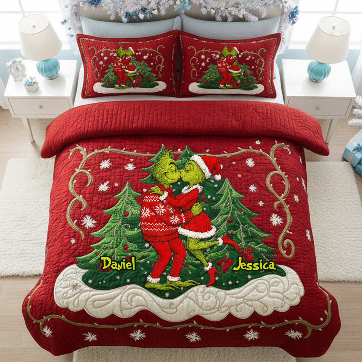 Festive Couple Kiss Quilt Set Special Line - Personalized Christmas Gift For Couples 02NALU080925-Homacus