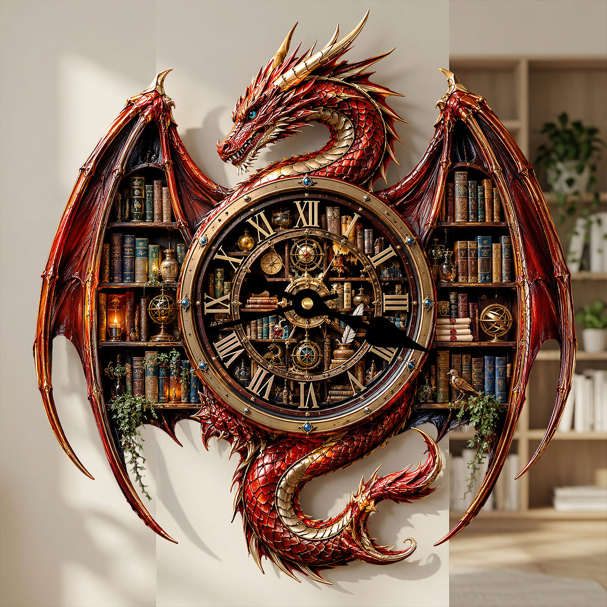 Vintage Dragon Bookstore Wall Hanging Clock, Personalized Gifts For Book Lovers 02qhdt240726