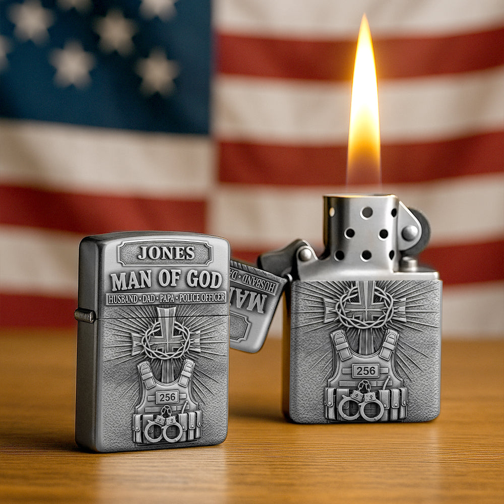 Man Of God - Cross and Police Lighter - Personalized Gifts For Police Officer-Homacus