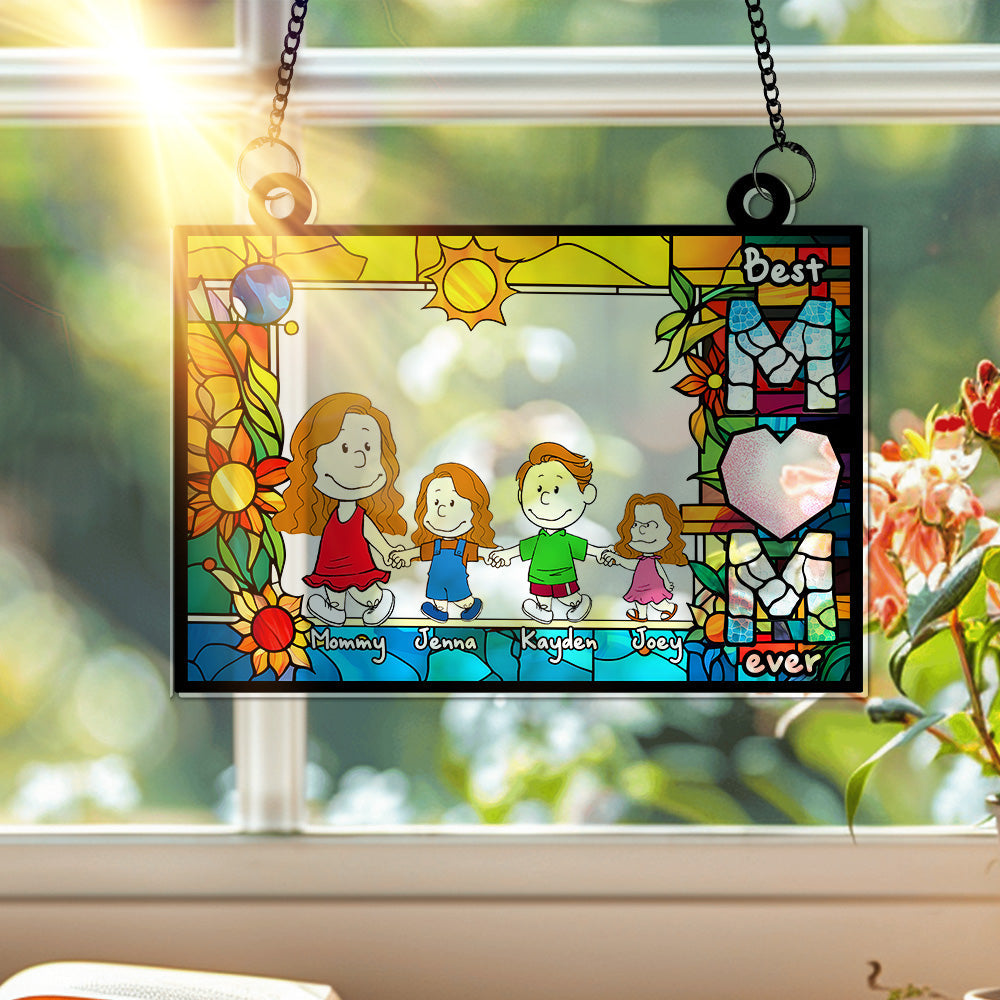 Personalized Gifts For Mom Suncatcher, Mom Holding Children's Hands Vibrant Flower Frame 02QHLU260225HH-Homacus