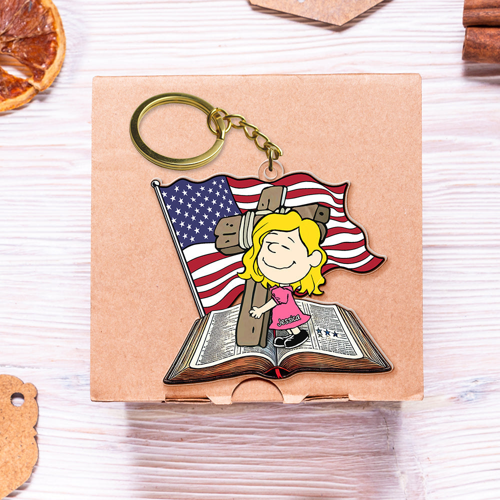 Personalized Gifts For Christians Keychain, Wooden Cross, Bible & American Flag 01qhqn060125-Homacus