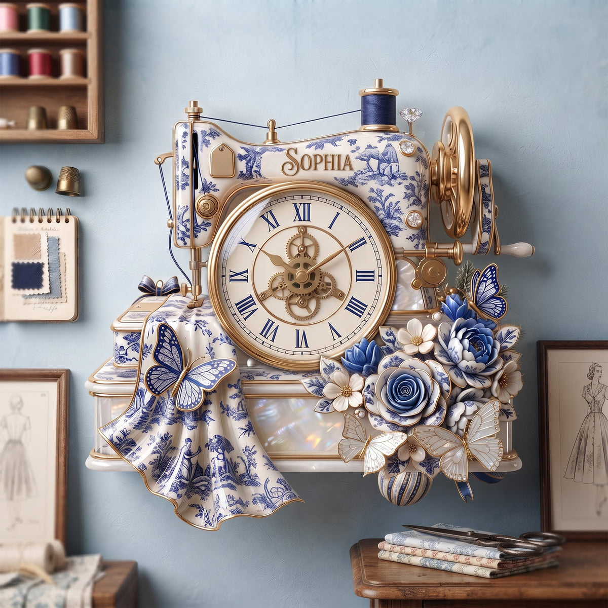 Floral Sewing Toile De Jouy Wall Clock Personalized Gifts 01PALU070826