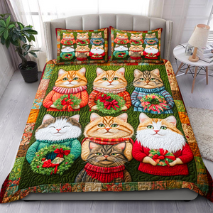 Cat Christmas Wreath Quilt Bed Set Gifts For Cat Lovers 02HUPU061124-Homacus