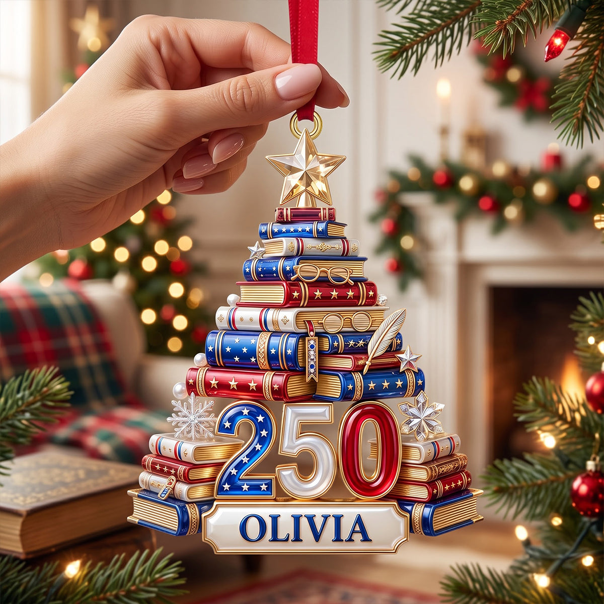 Book Stack Christmas Tree Ornament - Personalized 250th Anniversary Gift For Book Lovers 02PGTN220826-Homacus