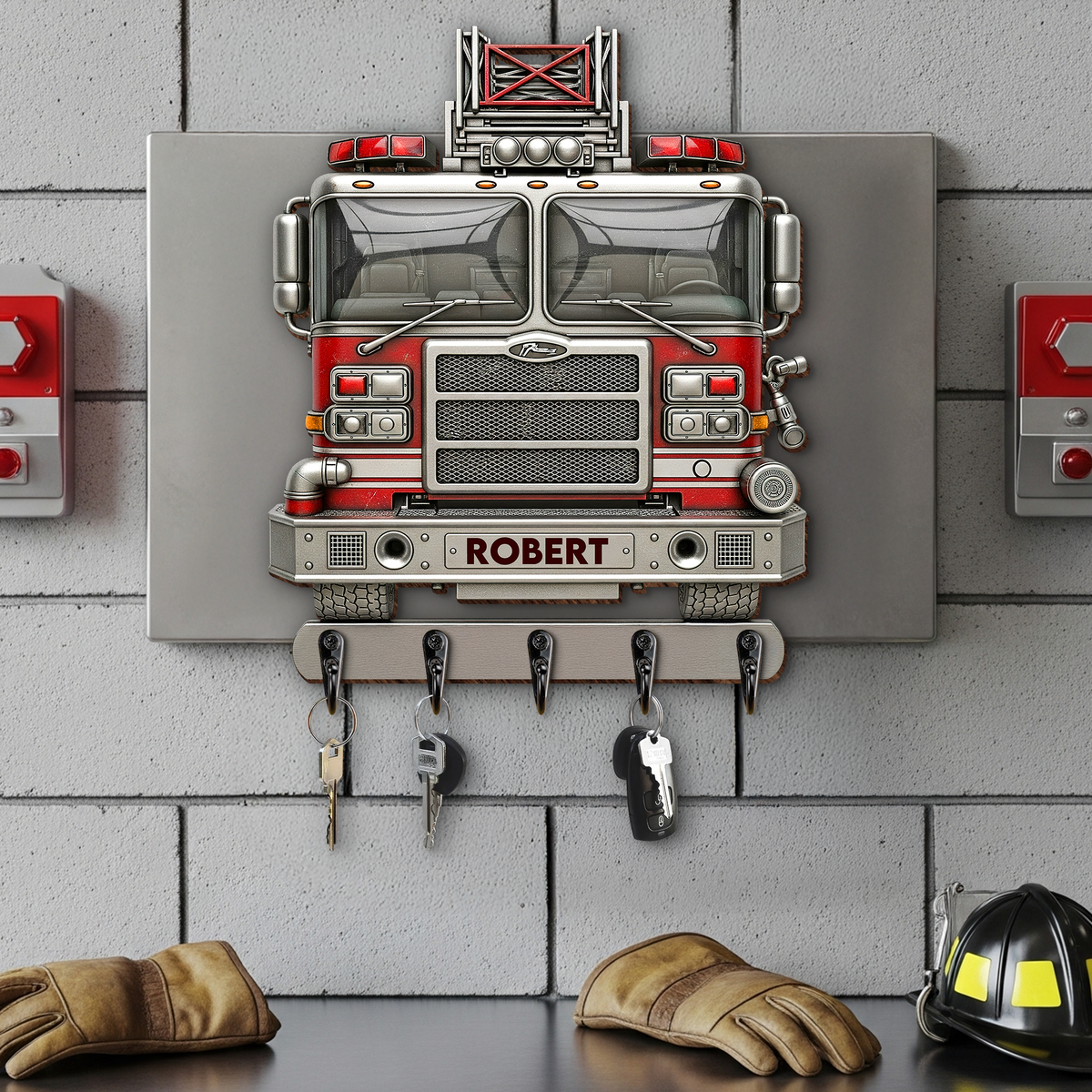 Rustic Firetruck Wood Key Hanger- Personalized Gift For Firefighter 04NAPU090725tt-Homacus