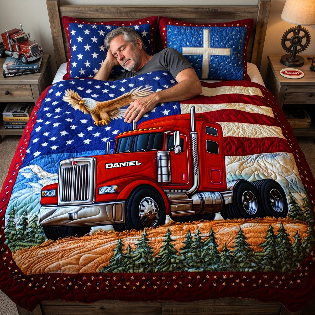 Patriotic Semi Truck Quilt Set – Personalized Gifts For Road Warriors 05TGLU120626-Homacus