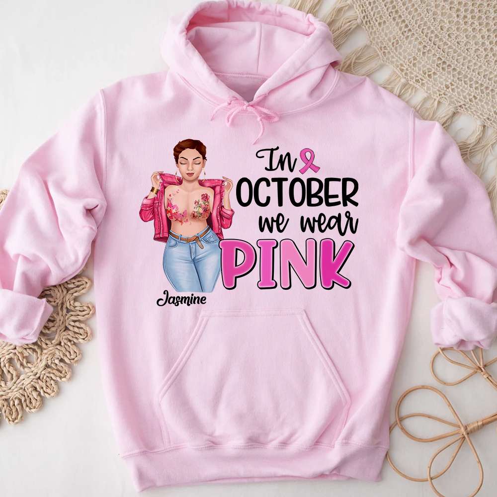 In October We Wear Pink, Personalized Breast Cancer Shirt, Pink Ribbon Girl-Homacus