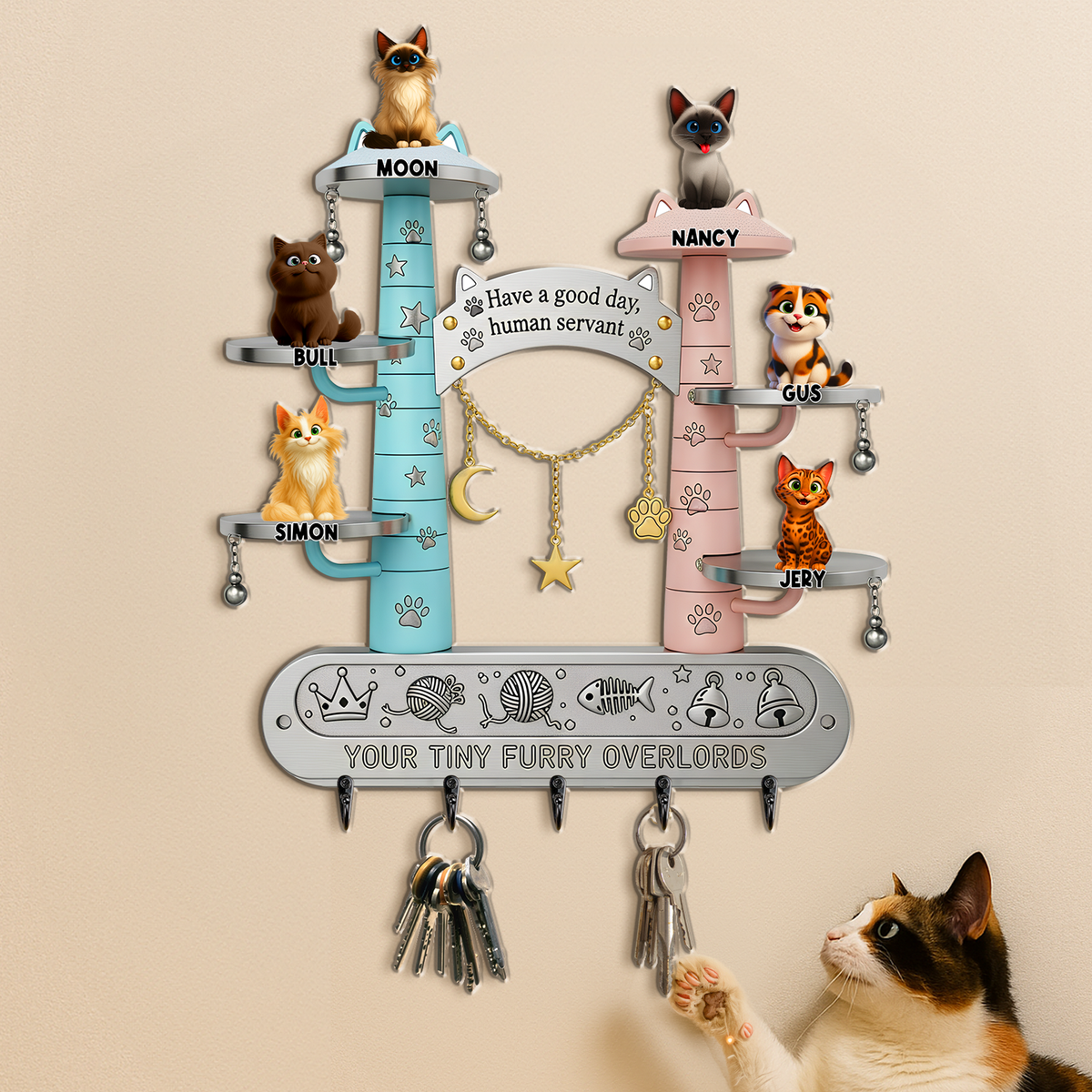 Tiny Fluffy Cat Wood Key Hanger - Personalized Gift For Cat Lovers 01TGLU290725-Homacus