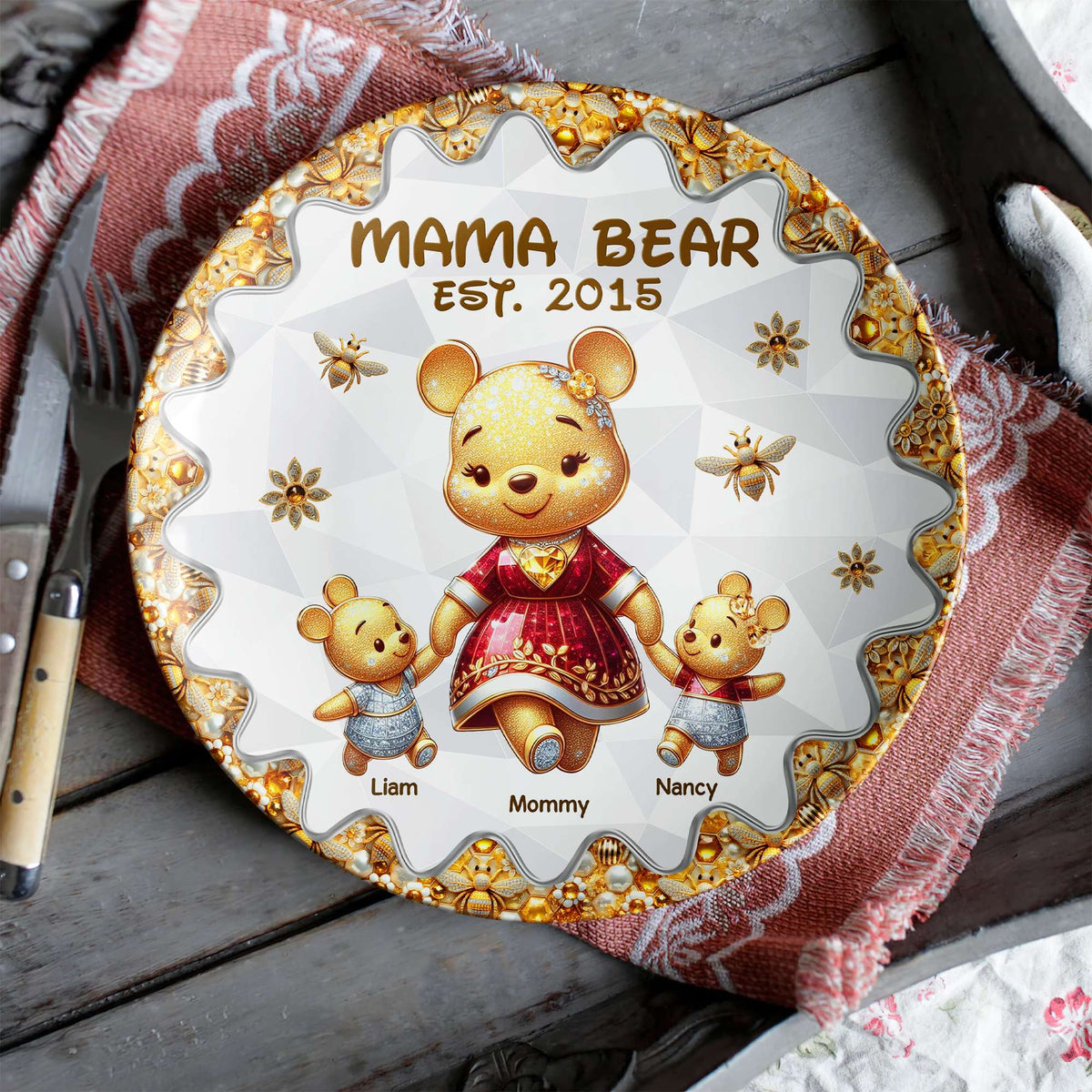 Personalized Gift For Mom Ceramic Round Plate Mother's Day Bear Mom And Kids 02TGPU210325-Homacus