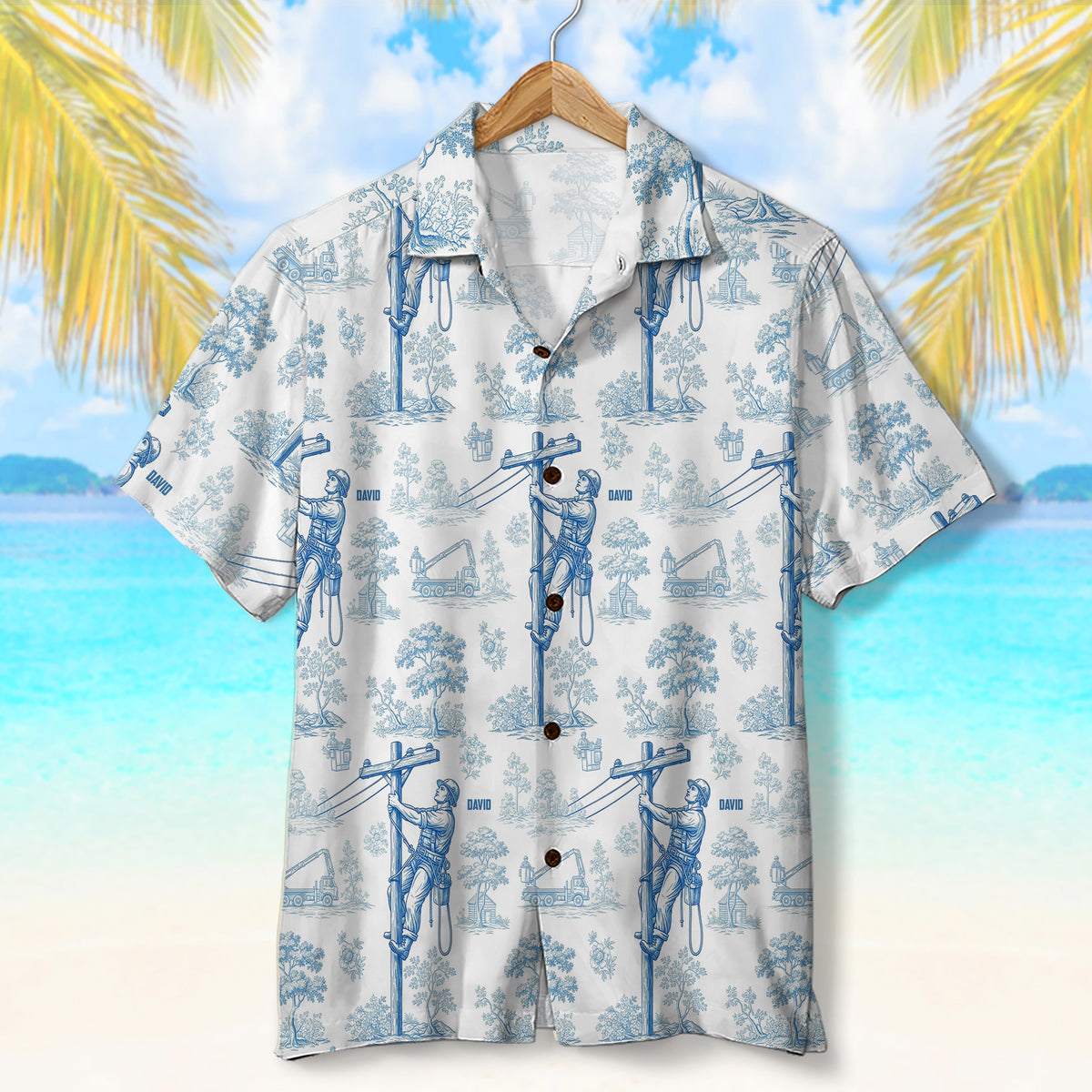 Vintage Toile Blue Pattern Hawaiian Shirt - Personalized Gifts For Lineman 02qhtn120625-Homacus