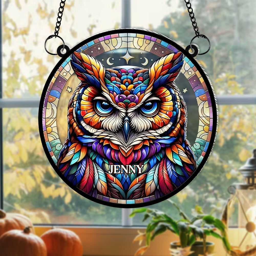 Personalized Gifts For Owl Lovers, Suncatcher Hanging Ornament Stained Glass Owl Design 01HUMH210824-Homacus