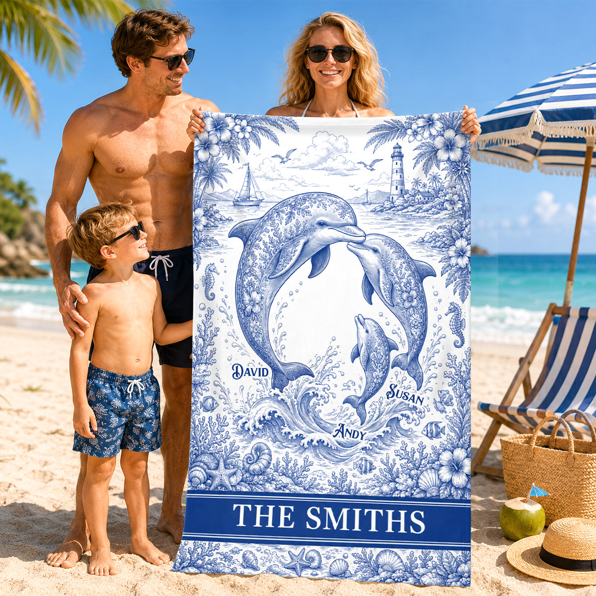 Symphonic Dolphin Family Toile De Jouy Beach Towel, Personalized Gifts For Families 01qhdh210726-Homacus