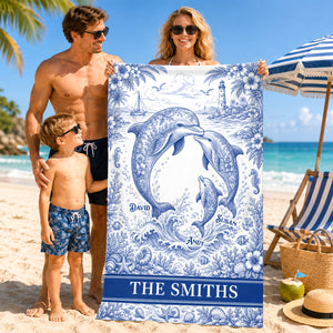 Symphonic Dolphin Family Toile De Jouy Beach Towel, Personalized Gifts For Families 01qhdh210726-Homacus