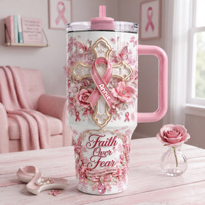 God Be With His Pink Fighter 40oz Tumbler With Handle - Personalized Gifts For Breast Cancer Warrior 02QHLU030826-Homacus