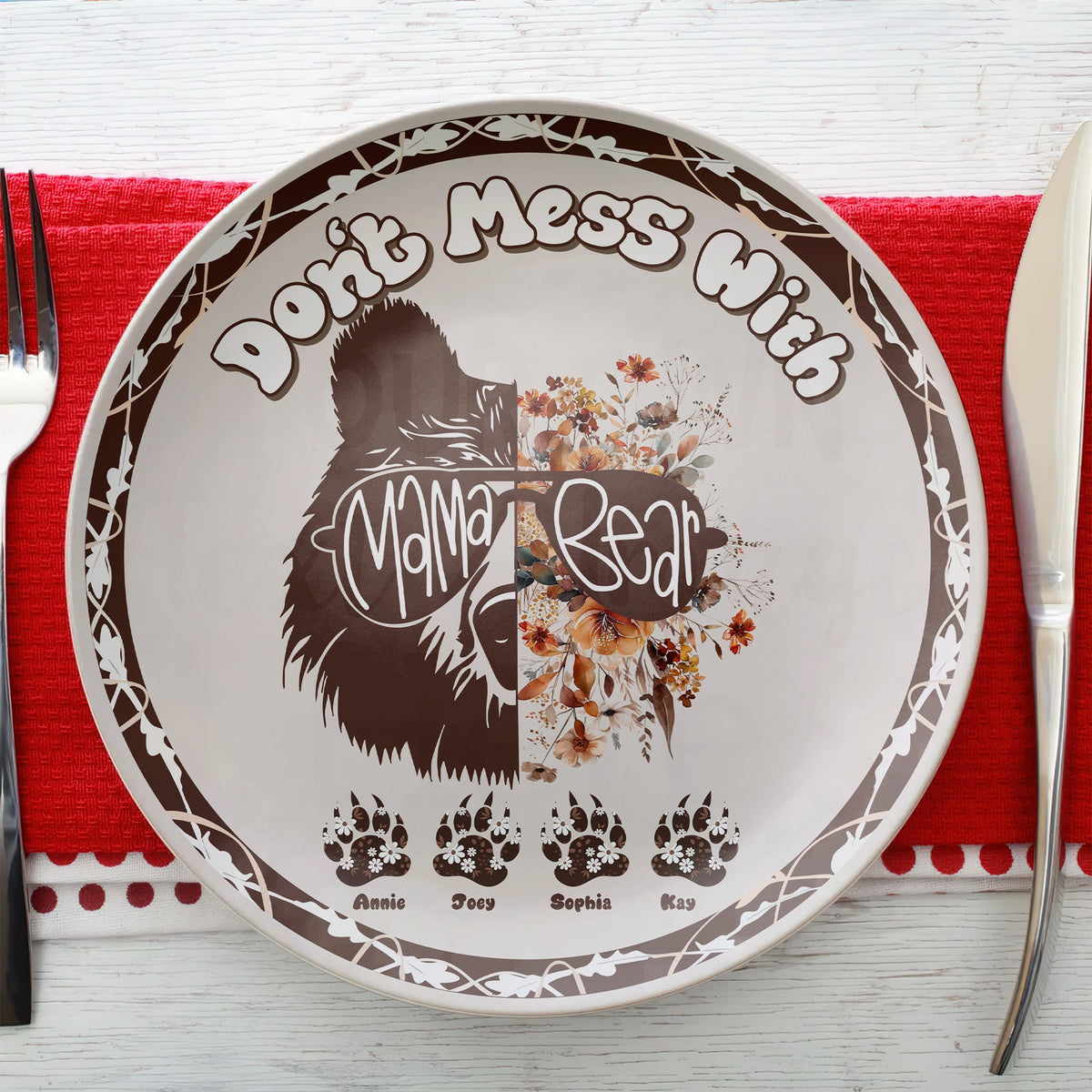 Mama Bear Ceramic Round Plate - Personalized Gift For Mom 02XQLU250325-Homacus