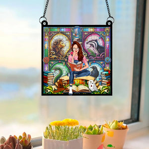 Personalized Gifts For Book Lovers Suncatcher 03HUPU010824TM Girl Sitting Reading Books-Homacus