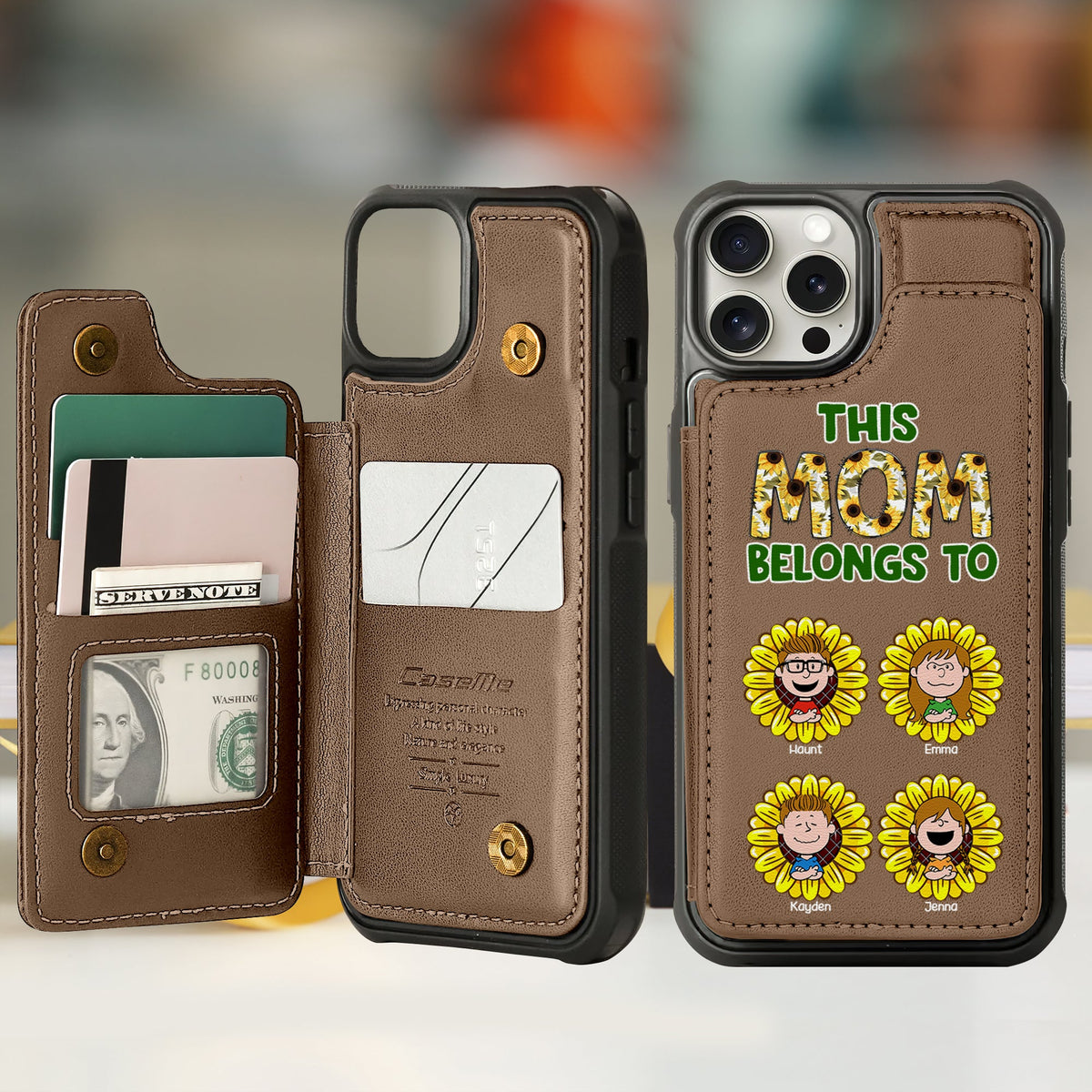 Personalized Leather Flip Wallet Phone Case For Mom, Adorable Sunflower Kids 02XQLU190225HH-Homacus