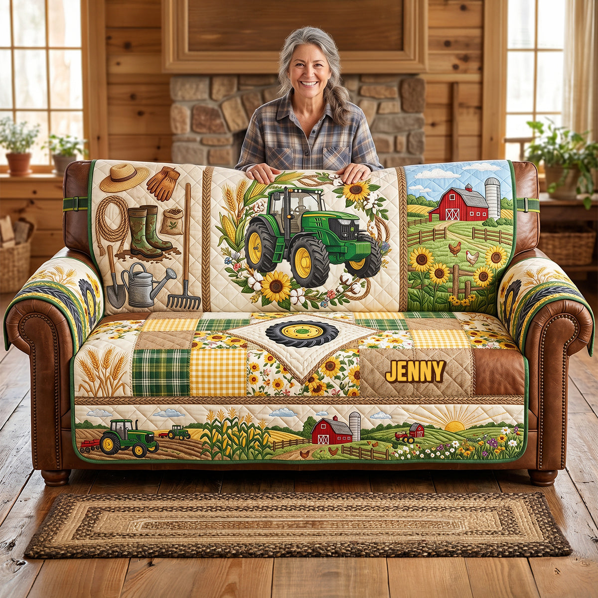 Green Farm Tractor Quilted Sofa Cover - Personalized Gifts For Tractor Lovers 05pgtn260626-Homacus