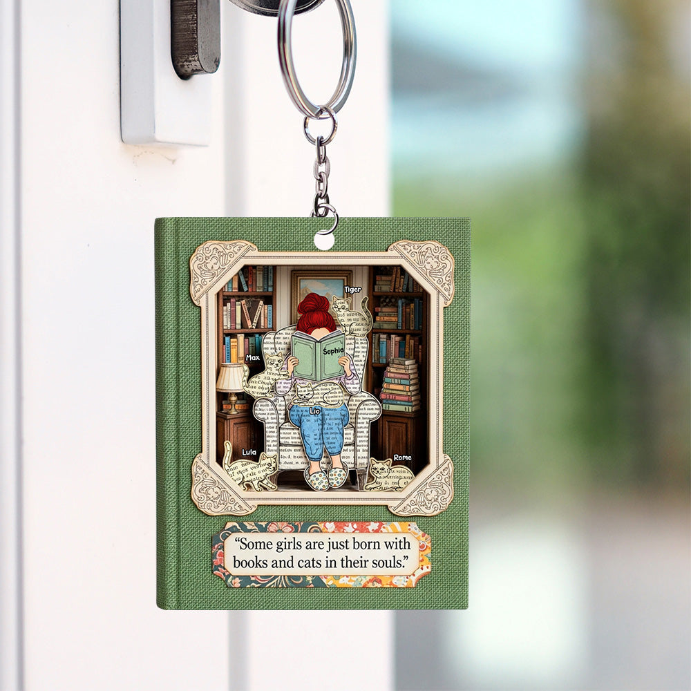 Book and Cat Girl Keychain - Personalized Gifts For Reading Girl 01qhtn030625-Homacus