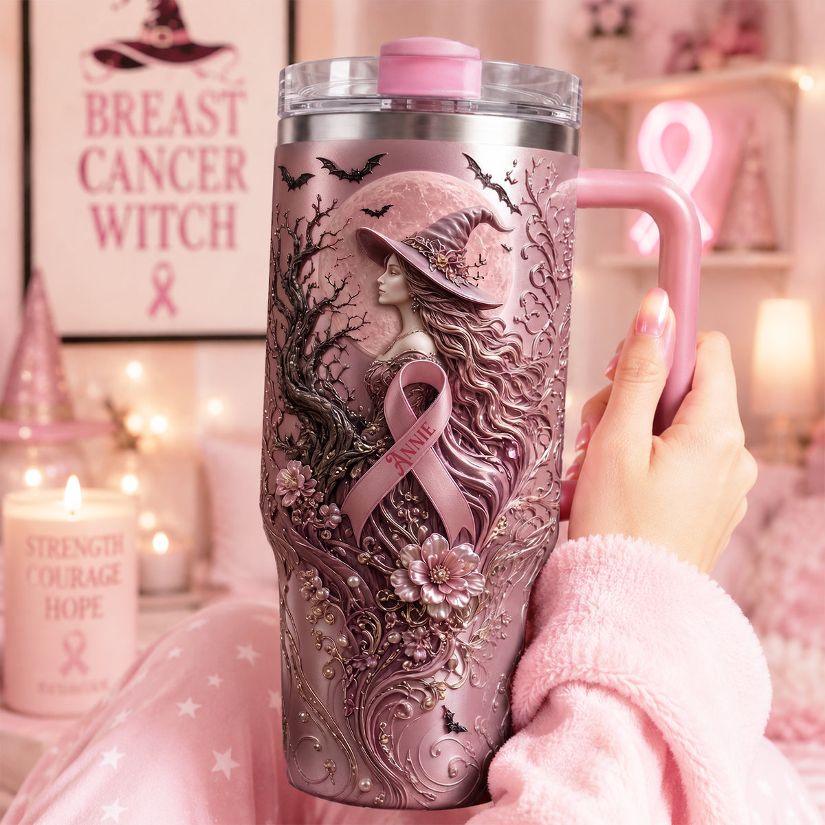 Pink Witches Ribbon Breast Cancer Awareness Colorful 40oz Tumbler With Handle - Personalized Gifts For Cancer Awareness 04palu100826-Homacus