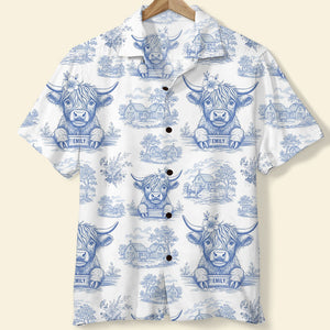 Personalized Gifts For Highland Cow Lovers Hawaiian Shirt, Vintage Blue Toile Pattern 03QHDT110625-Homacus