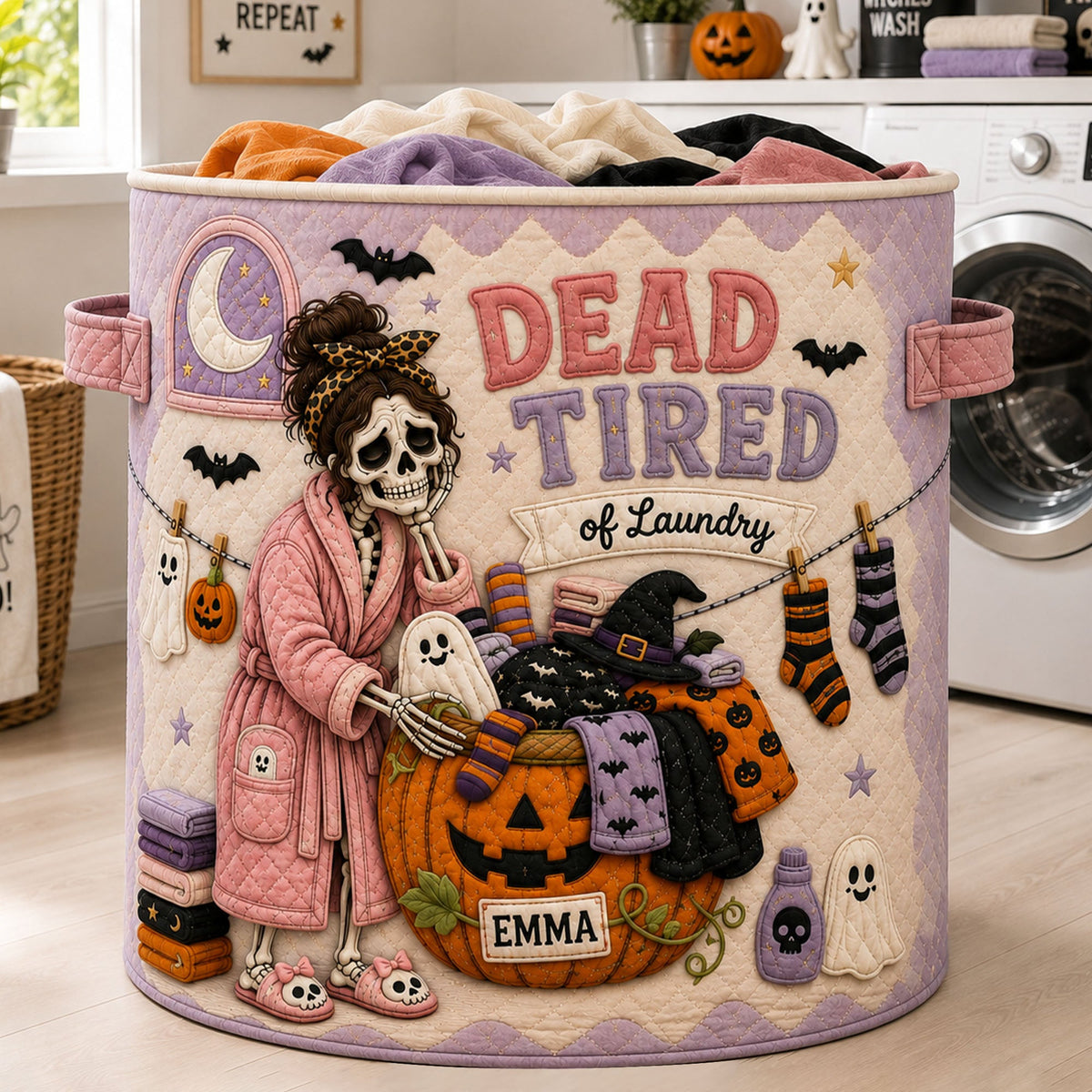 Spooky Skeleton Quilted Laundry Basket - Personalized Gifts For Halloween 01HALU150826