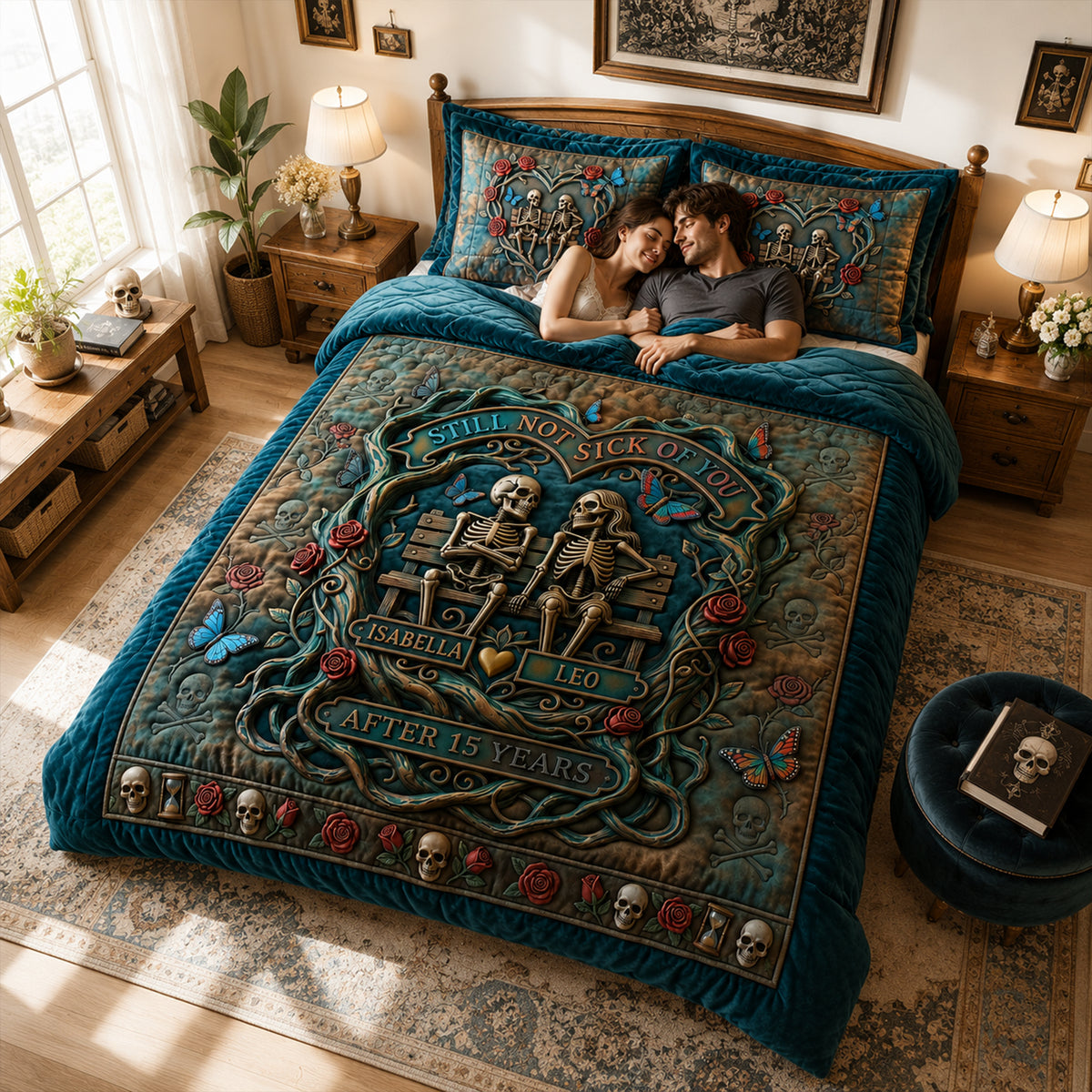 Fun Attached Skull Couple Quilt Bed Set, Personalized Gifts For Couple 02qhlu110826