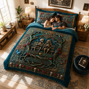 Fun Attached Skull Couple Quilt Bed Set, Personalized Gifts For Couple 02qhlu110826