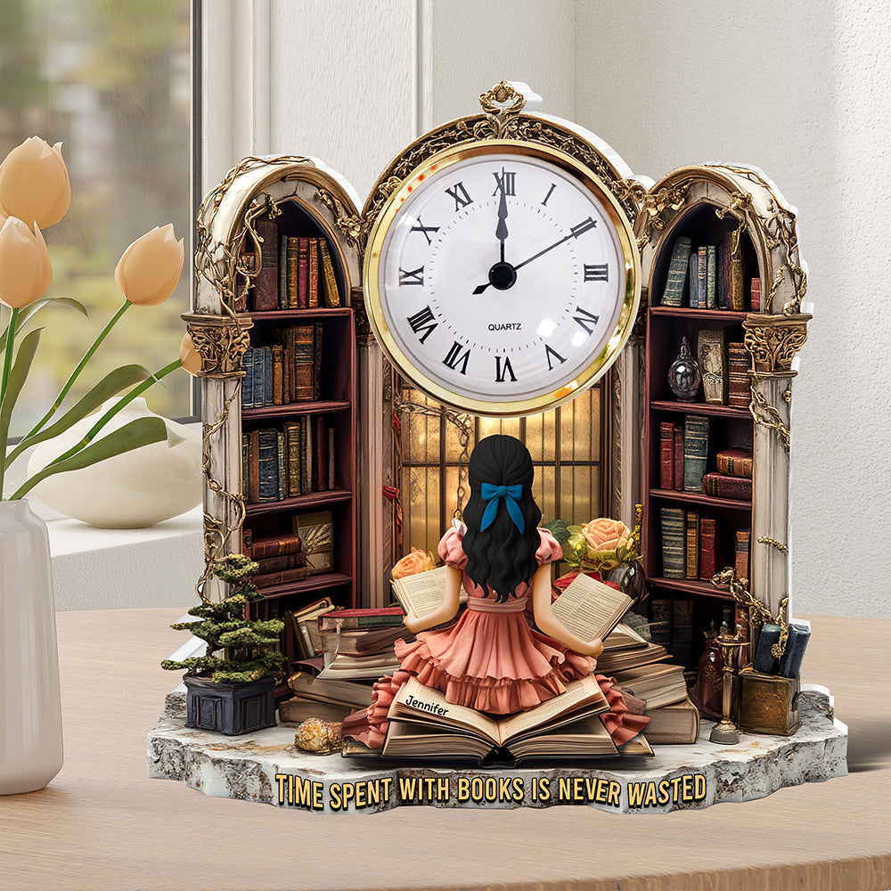 Girl Holding Books Desk Clock Plaque Personalized Gifts for Book Lovers 05TGQN230525-Homacus