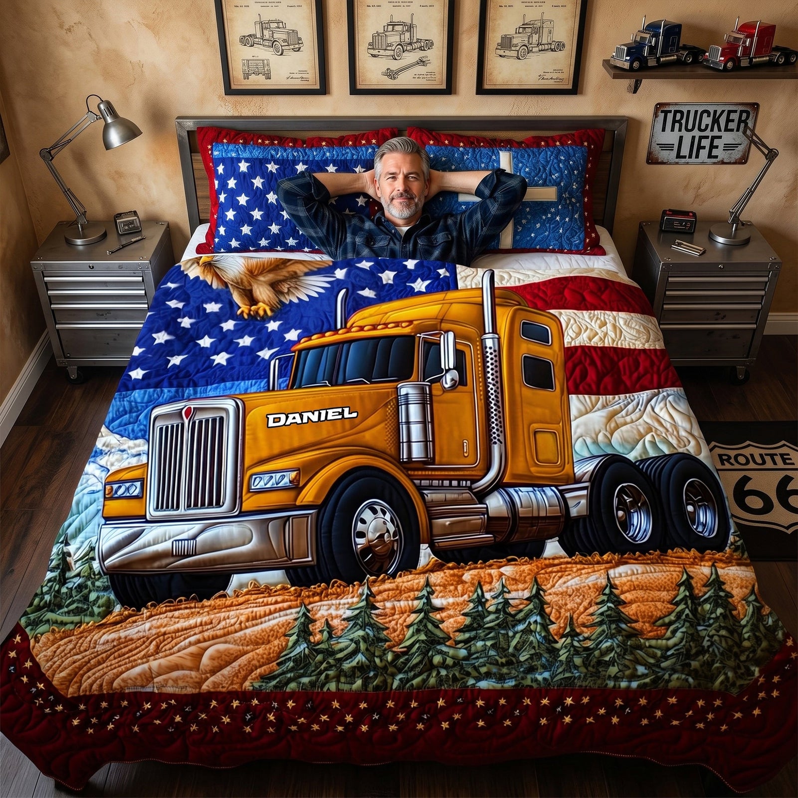 Patriotic Semi Truck Quilt Set – Personalized Gifts For Road Warriors 05TGLU120626-Homacus