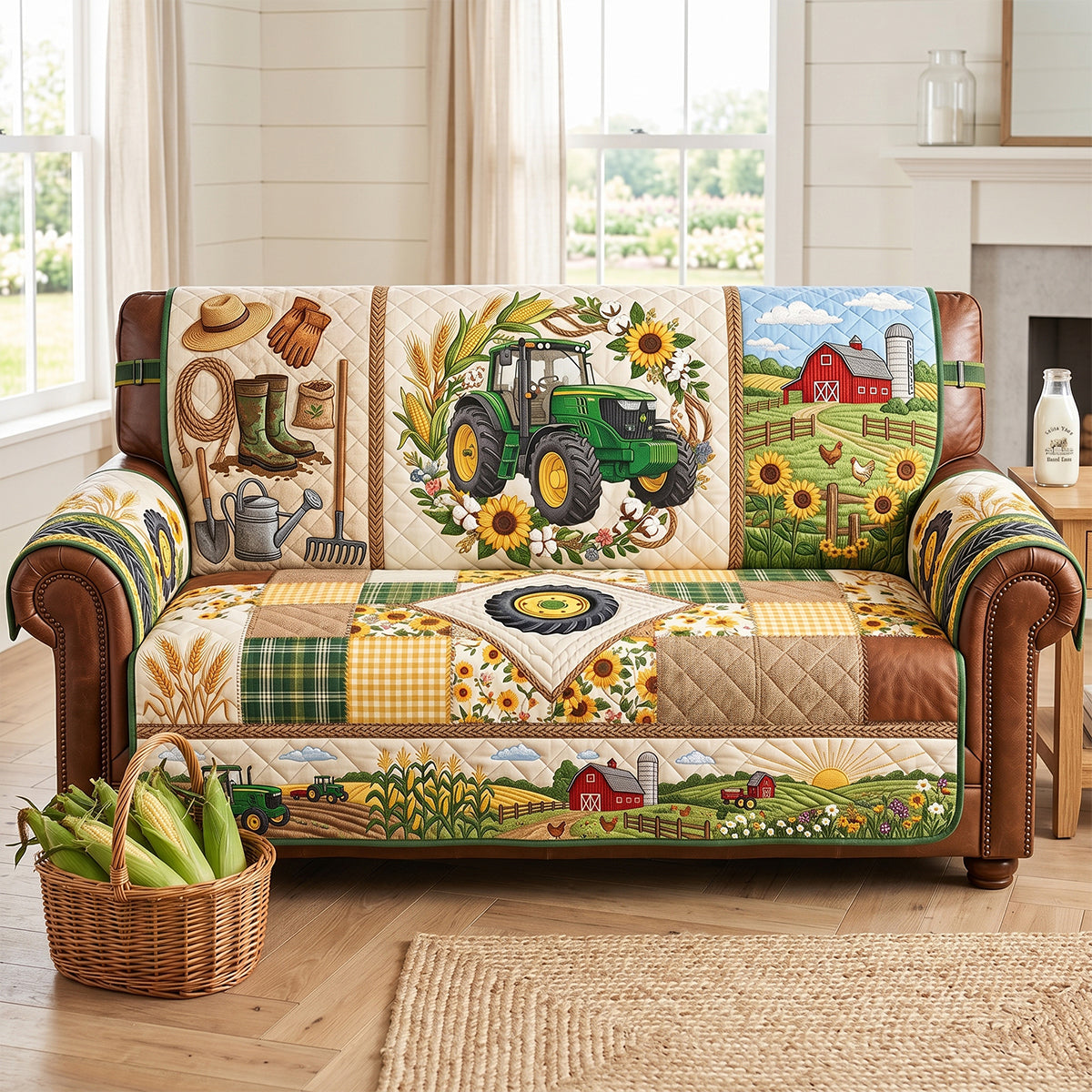 Green Farm Tractor Quilted Sofa Cover - Personalized Gifts For Tractor Lovers 05pgtn260626-Homacus