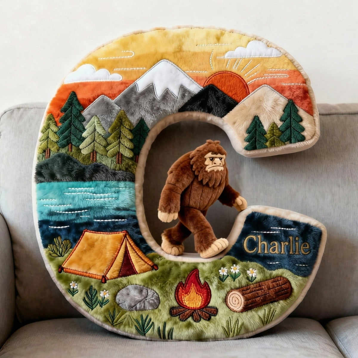 Sasquatch Camping Alphabet Initial Letter Pillow, Personalized Gifts For Camping Lovers & Bigfoot Seekers 02qhqn111225-Homacus