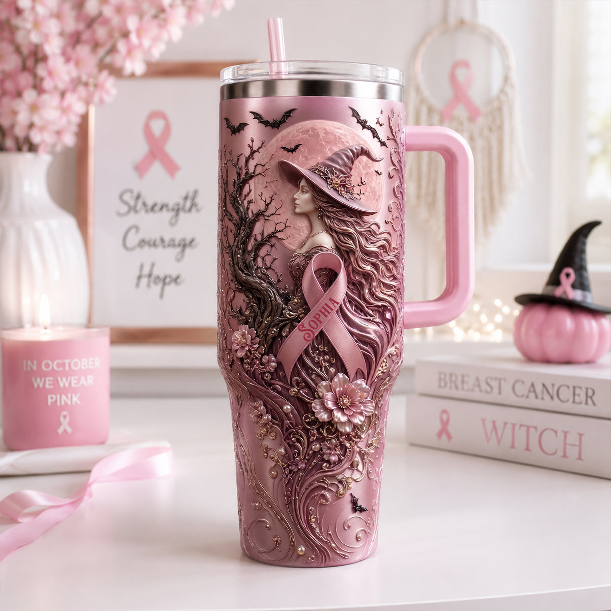 Pink Witches Ribbon Breast Cancer Awareness Colorful 40oz Tumbler With Handle - Personalized Gifts For Cancer Awareness 04palu100826-Homacus