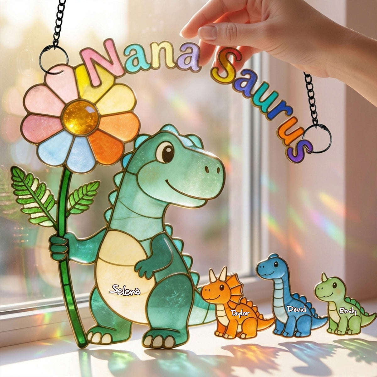 Mama-saurus & Her Tiny Roar Crew Suncatcher - Personalized Gifts For Moms 01NALU100426-Homacus