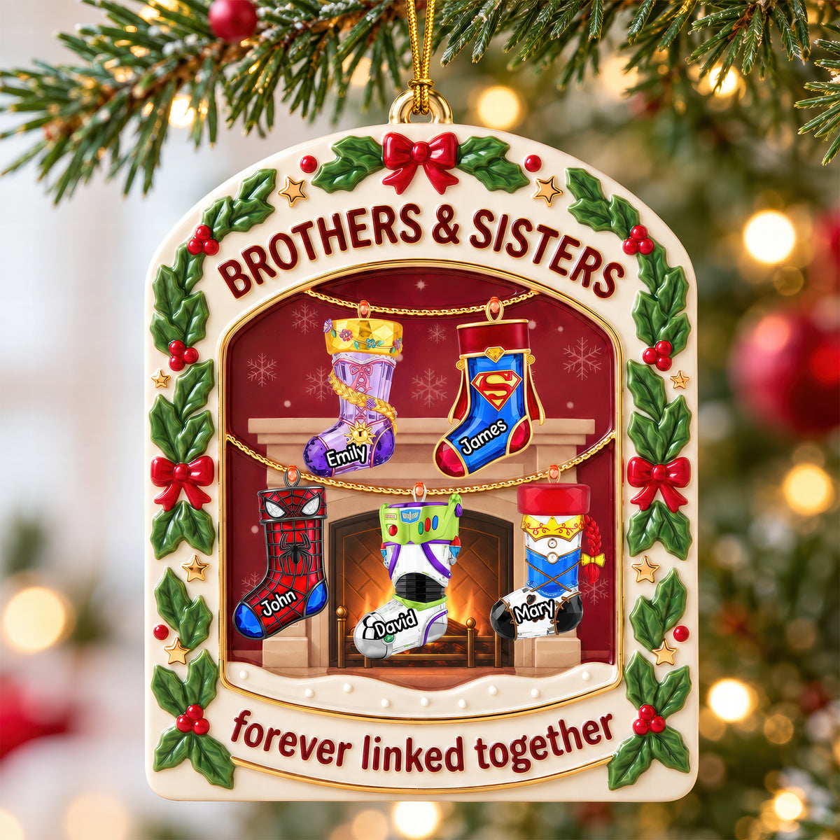 Brothers And Sisters Fireplace Christmas Stockings Acrylic Ornament - Personalized Christmas Gift For Family 02naqn240926